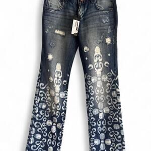 Miss Sixty Flare Jeans Y2K Low Rise Floral Bleached 2000s Deadstock NWT Size 24